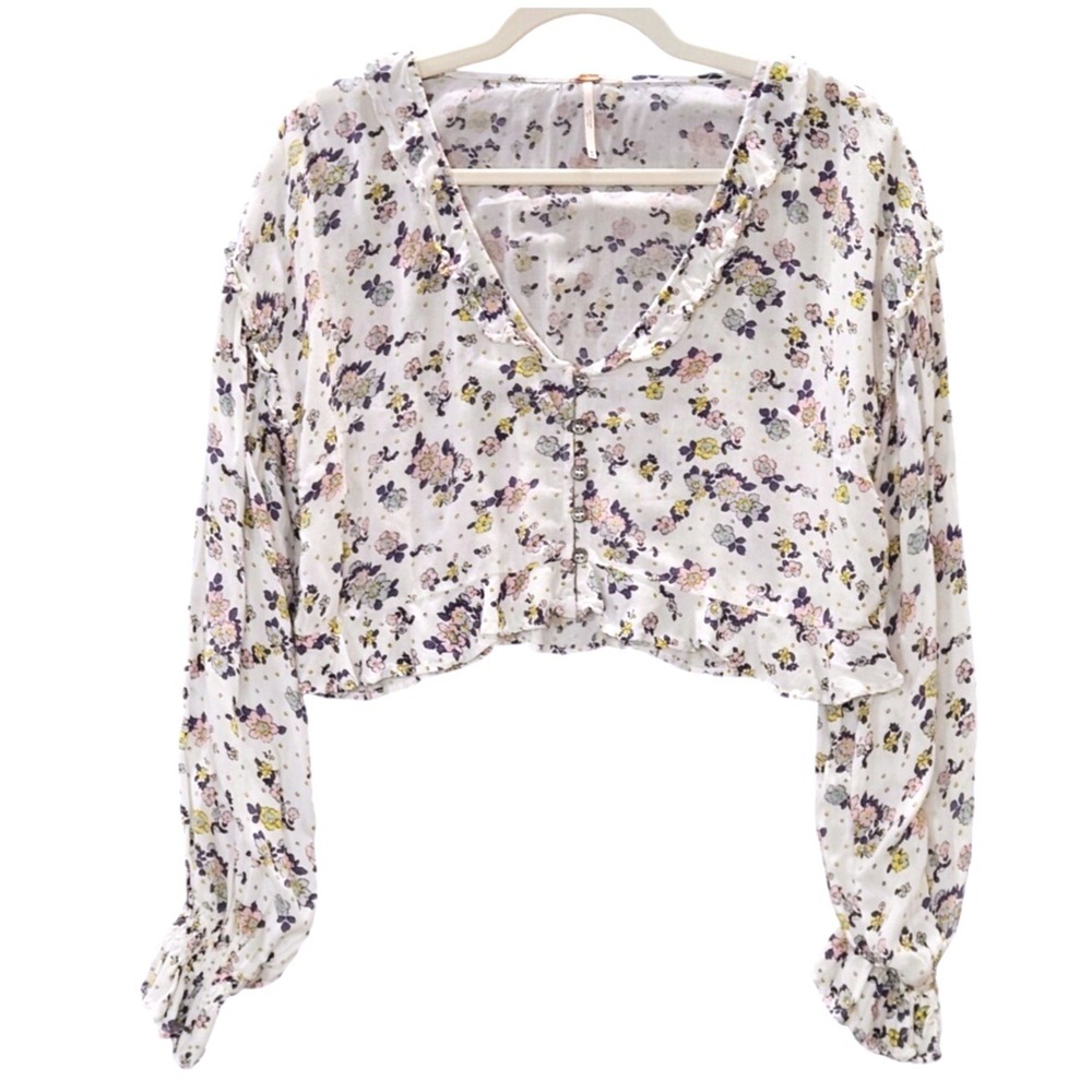 Free People Sz M Floral‎ Long Sleeve Ruffle Crop Top Blouse #428